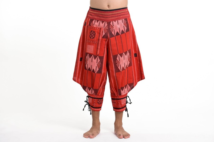 Men HaremPants | Thai Hill Tribe Fabric Men'S Harem Pants With Ankle Straps In Red