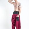 Men HaremPants | Men'S Thai Button Up Cotton Pants With Hill Tribe Trim Red