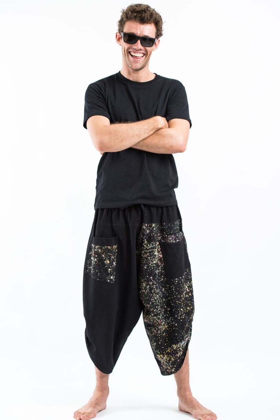 Men HaremPants | Two Tone Splatter Prints Men'S Three Quarter Pants In Black