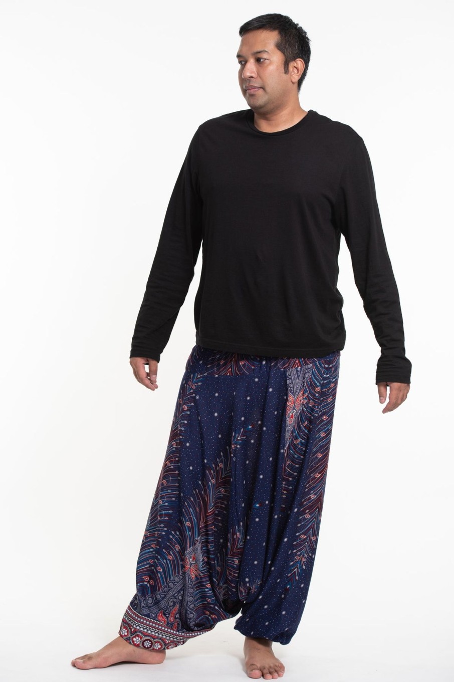 Plus Size HaremPants | Plus Size Peacock Feathers Drop Crotch Men'S Harem Pants In Blue