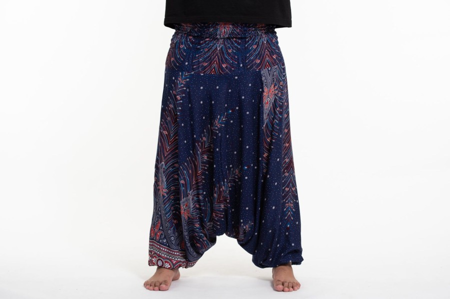 Plus Size HaremPants | Plus Size Peacock Feathers Drop Crotch Men'S Harem Pants In Blue