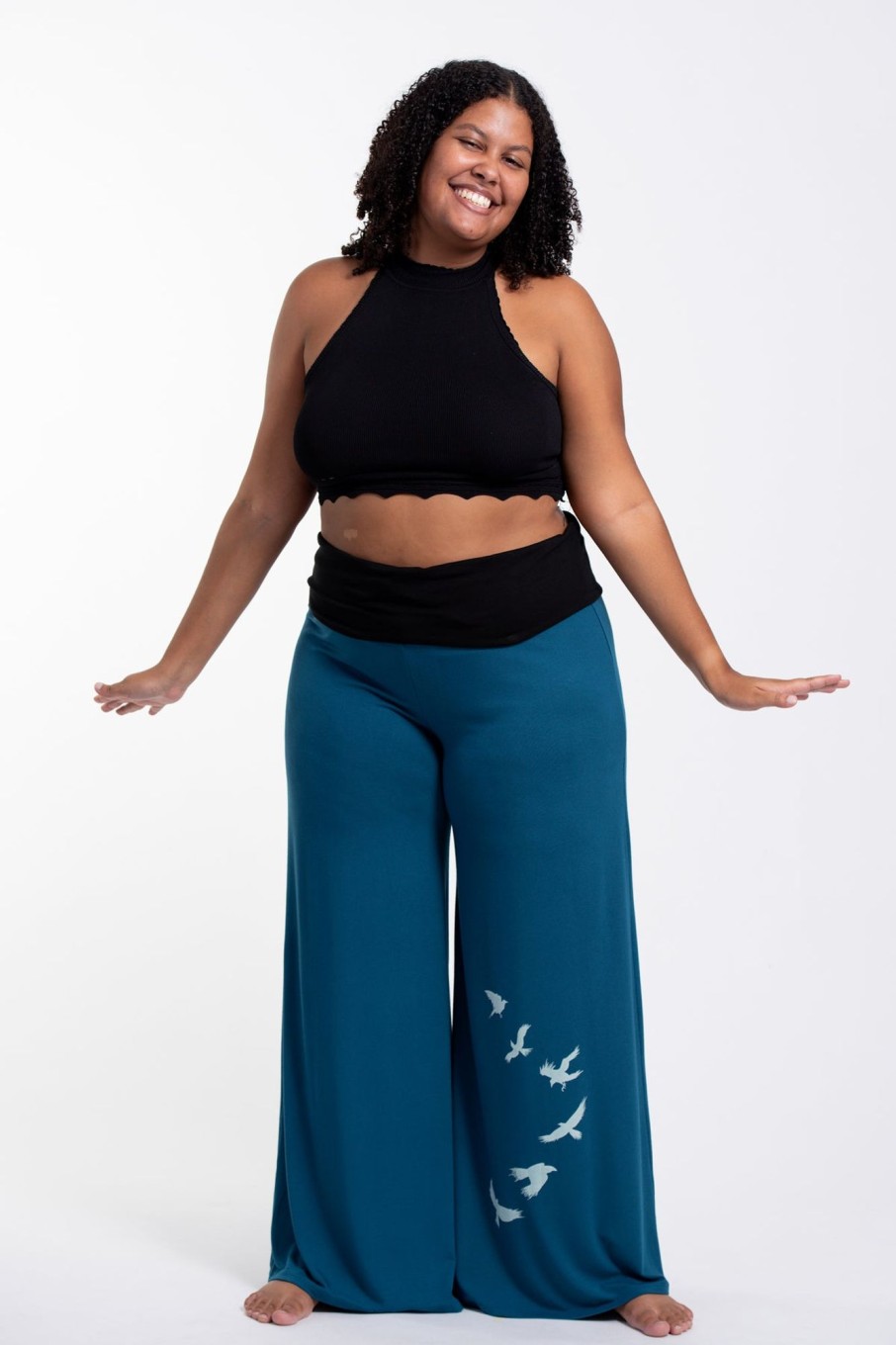 Plus Size HaremPants | Plus Size Birds Print Wide Leg Palazzo Harem Pants Cotton Spandex In Turquoise