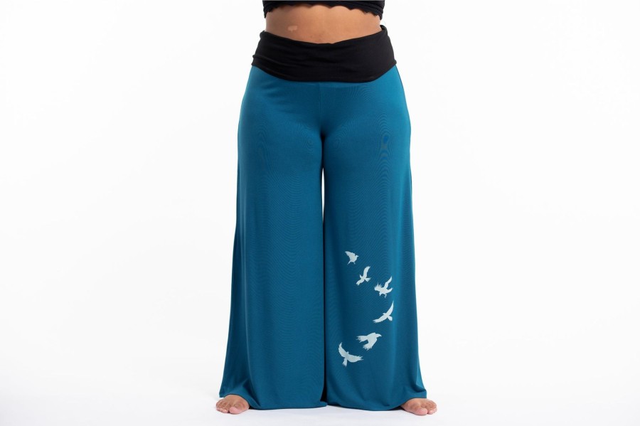 Plus Size HaremPants | Plus Size Birds Print Wide Leg Palazzo Harem Pants Cotton Spandex In Turquoise