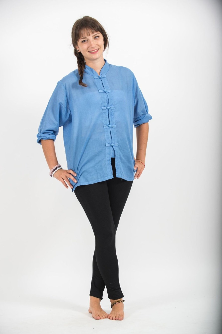 Women HaremPants | Womens Yoga Shirts Chinese Collared In Blue