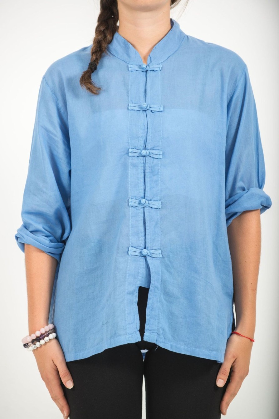 Women HaremPants | Womens Yoga Shirts Chinese Collared In Blue