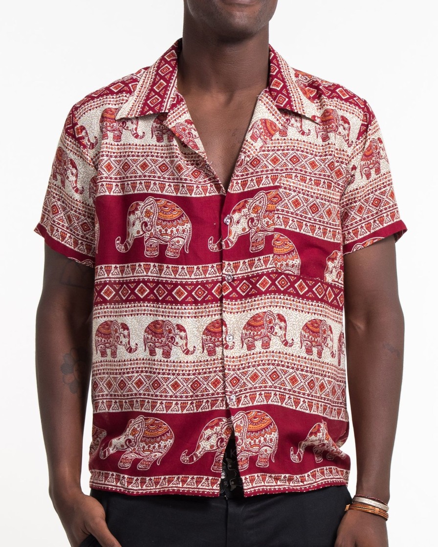 Men HaremPants | Tribal Elephant Short Sleeve Button Shirt In Red