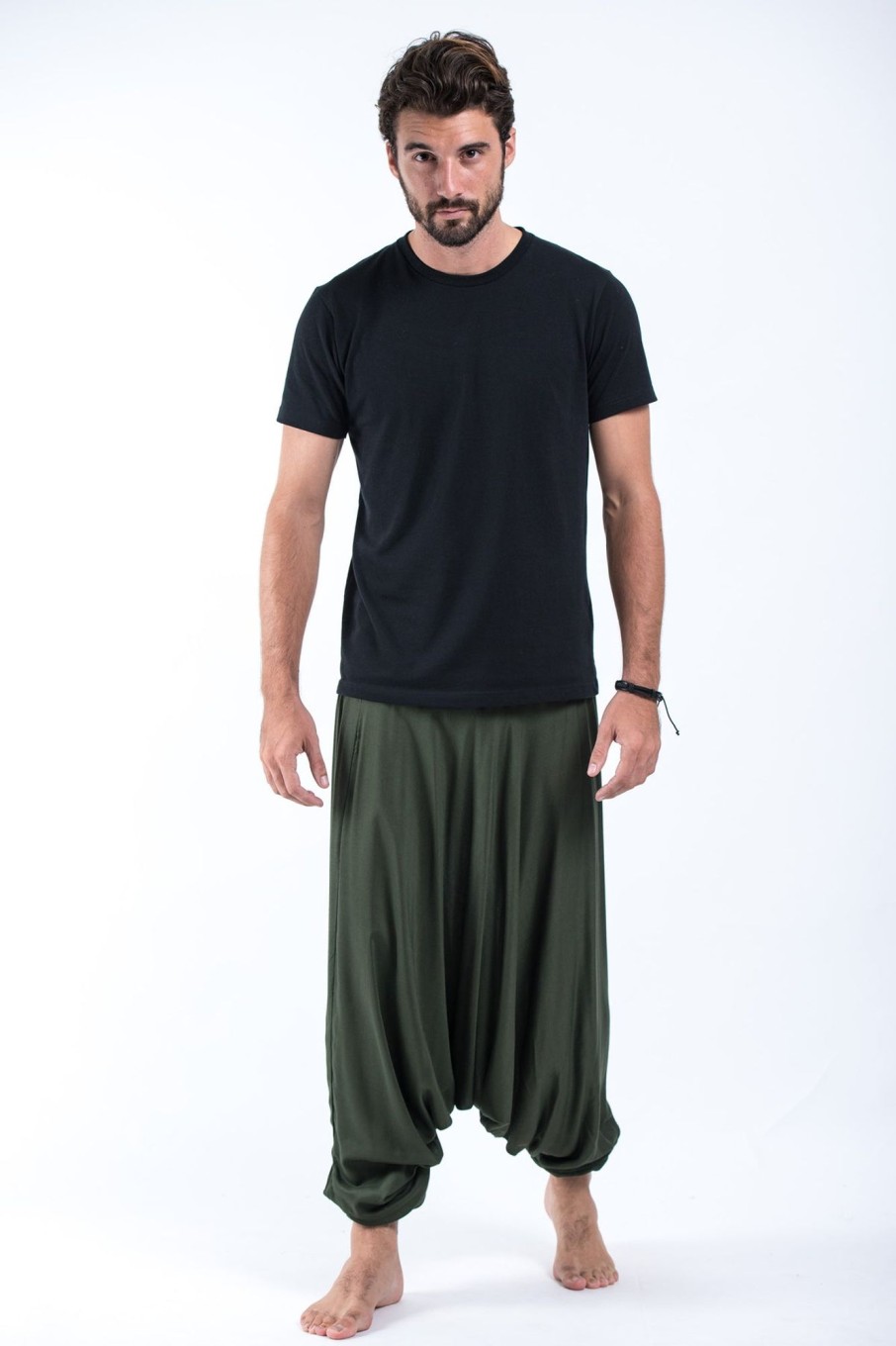 Men HaremPants | Solid Color Drop Crotch Men'S Harem Pants In Dark Green