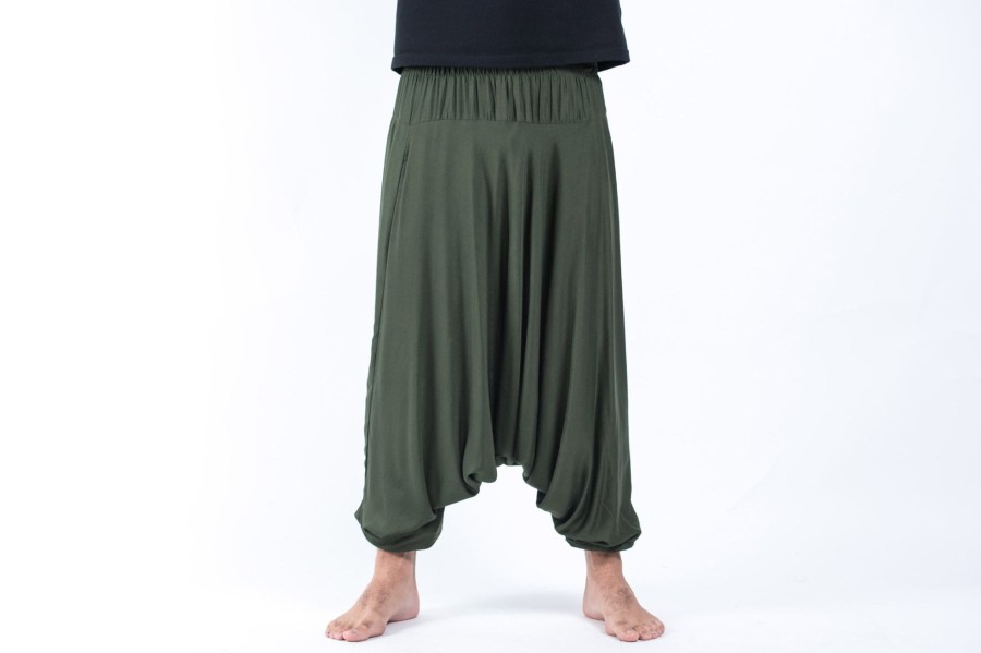 Men HaremPants | Solid Color Drop Crotch Men'S Harem Pants In Dark Green