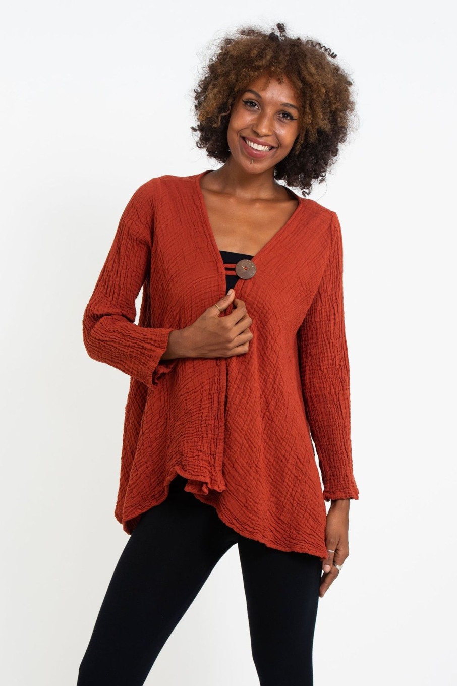 Women HaremPants | Women'S Crinkled Hill Tribe Cotton Cardigan In Brick