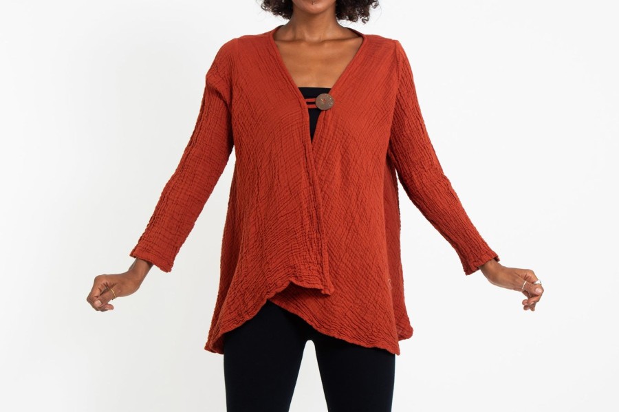 Women HaremPants | Women'S Crinkled Hill Tribe Cotton Cardigan In Brick