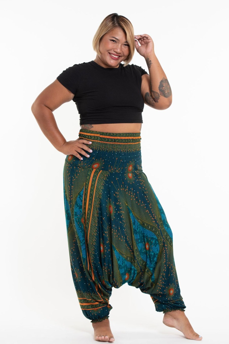 Women HaremPants | Plus Size Peacock Eyes 2-In-1 Jumpsuit Harem Pants In Turquoise