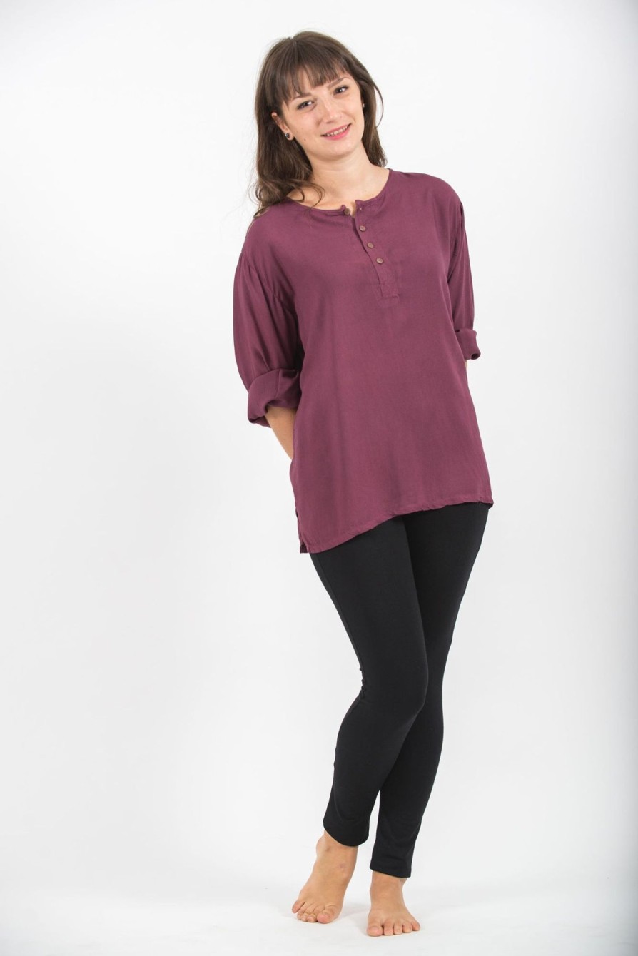 Women HaremPants | Womens Yoga Shirts No Collar With Coconut Buttons In Purple