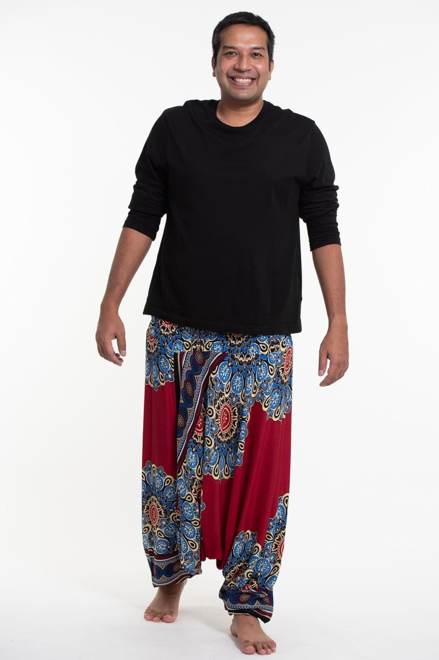 Men HaremPants | Plus Size Peony Mandalas Drop Crotch Men'S Harem Pants In Red