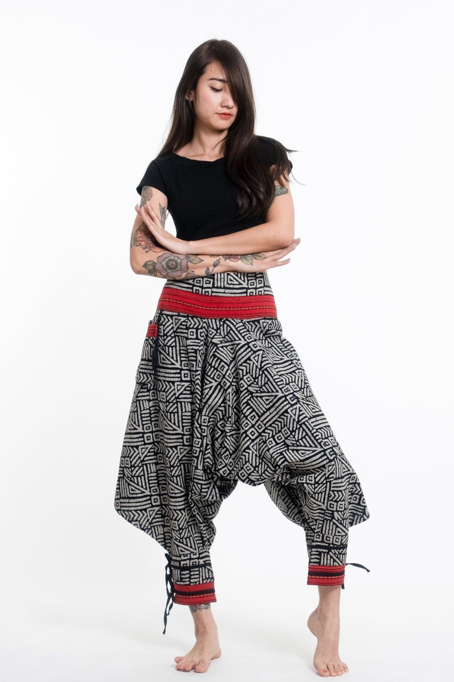 Women HaremPants | Woven Prints Thai Hill Tribe Fabric Women'S Harem Pants With Ankle Straps In Black