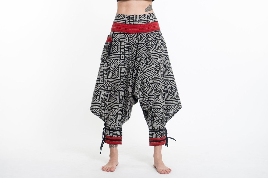 Women HaremPants | Woven Prints Thai Hill Tribe Fabric Women'S Harem Pants With Ankle Straps In Black