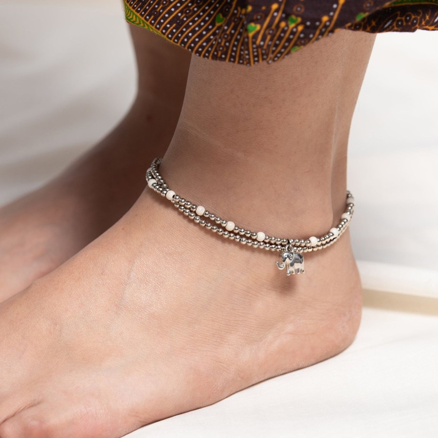 Accessories HaremPants | Hand Made Fair Trade Anklet Double Strand Silver Beads Elephant White