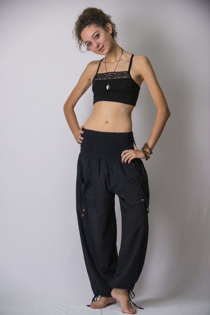 Women HaremPants | Women'S Thai Smocked Waist Cotton Pants In Black