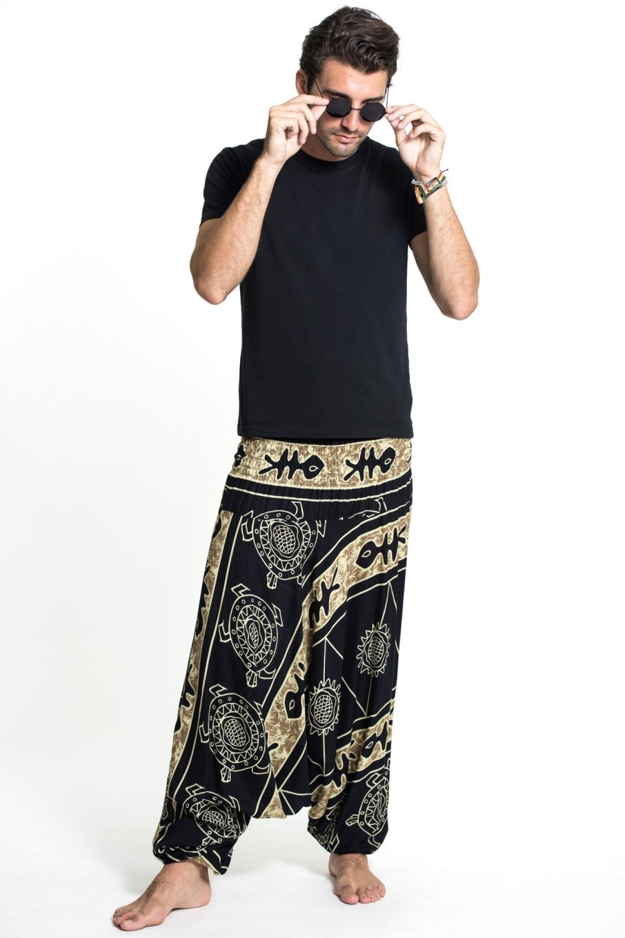 Men HaremPants | Turtle Print Drop Crotch Men'S Harem Pants In Gold