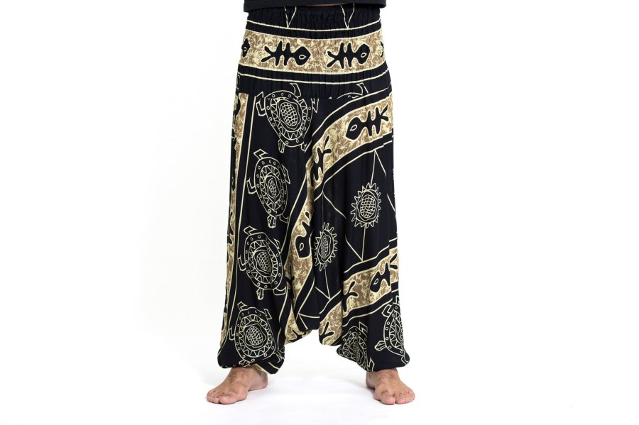 Men HaremPants | Turtle Print Drop Crotch Men'S Harem Pants In Gold