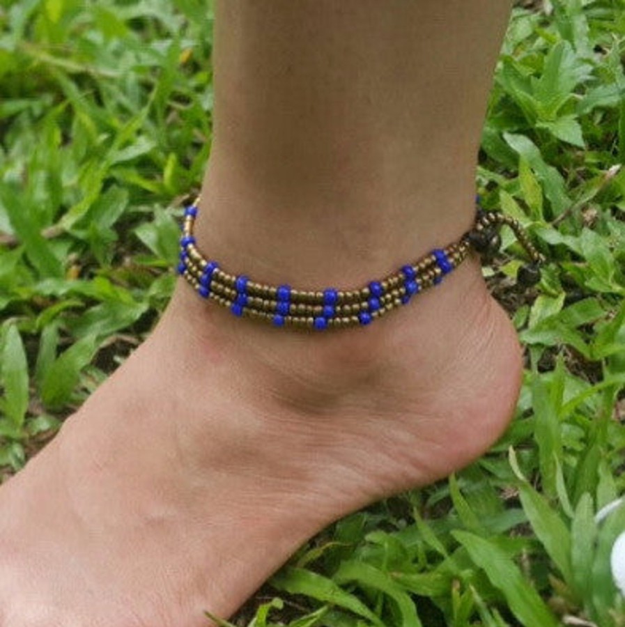 Accessories HaremPants | Hand Made Fair Trade Anklet Three Strand Brass Beads Blue