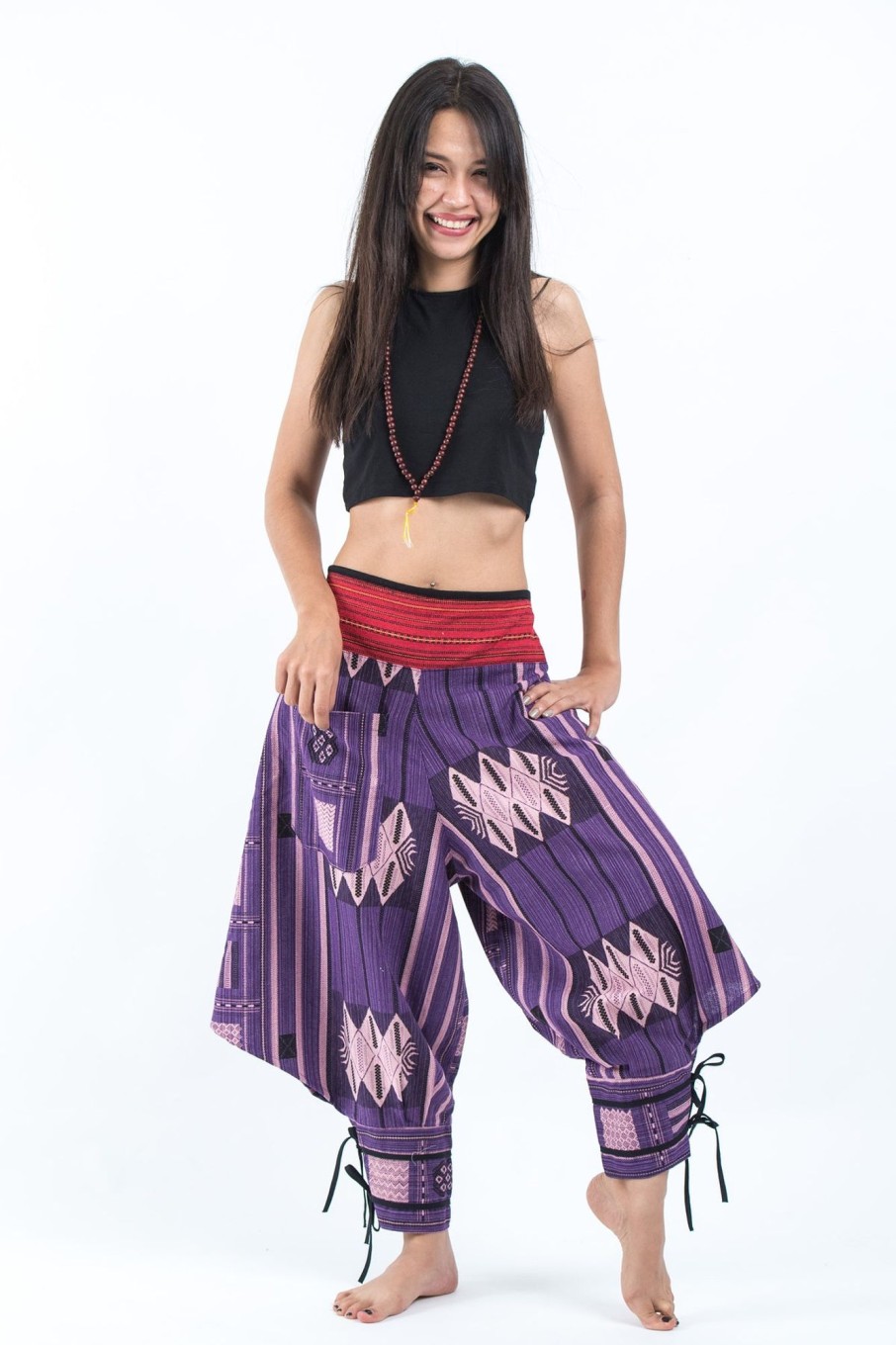 Women HaremPants | Thai Hill Tribe Fabric Women'S Harem Pants With Ankle Straps In Purple