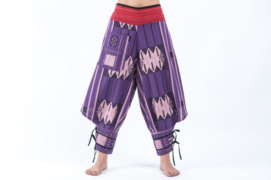 Women HaremPants | Thai Hill Tribe Fabric Women'S Harem Pants With Ankle Straps In Purple