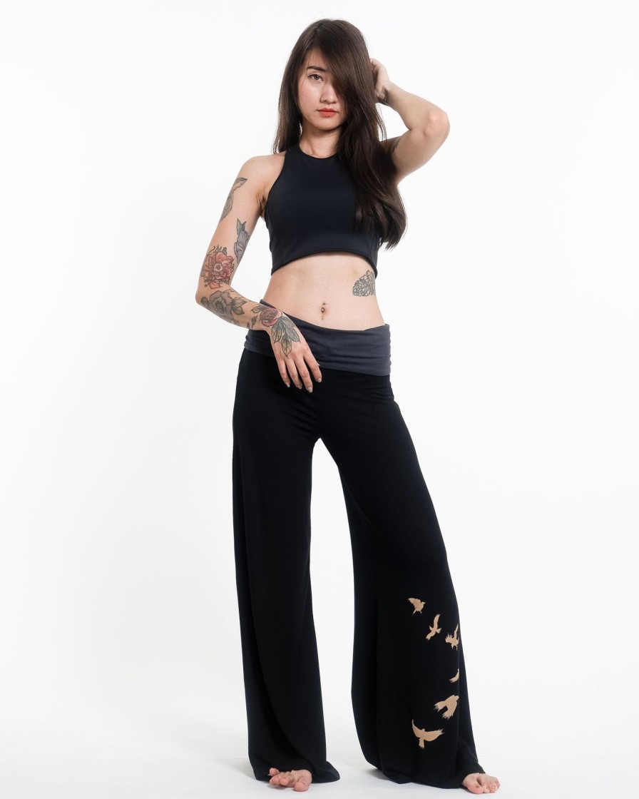 Women HaremPants | Birds Print Wide Leg Palazzo Harem Pants Cotton Spandex In Black