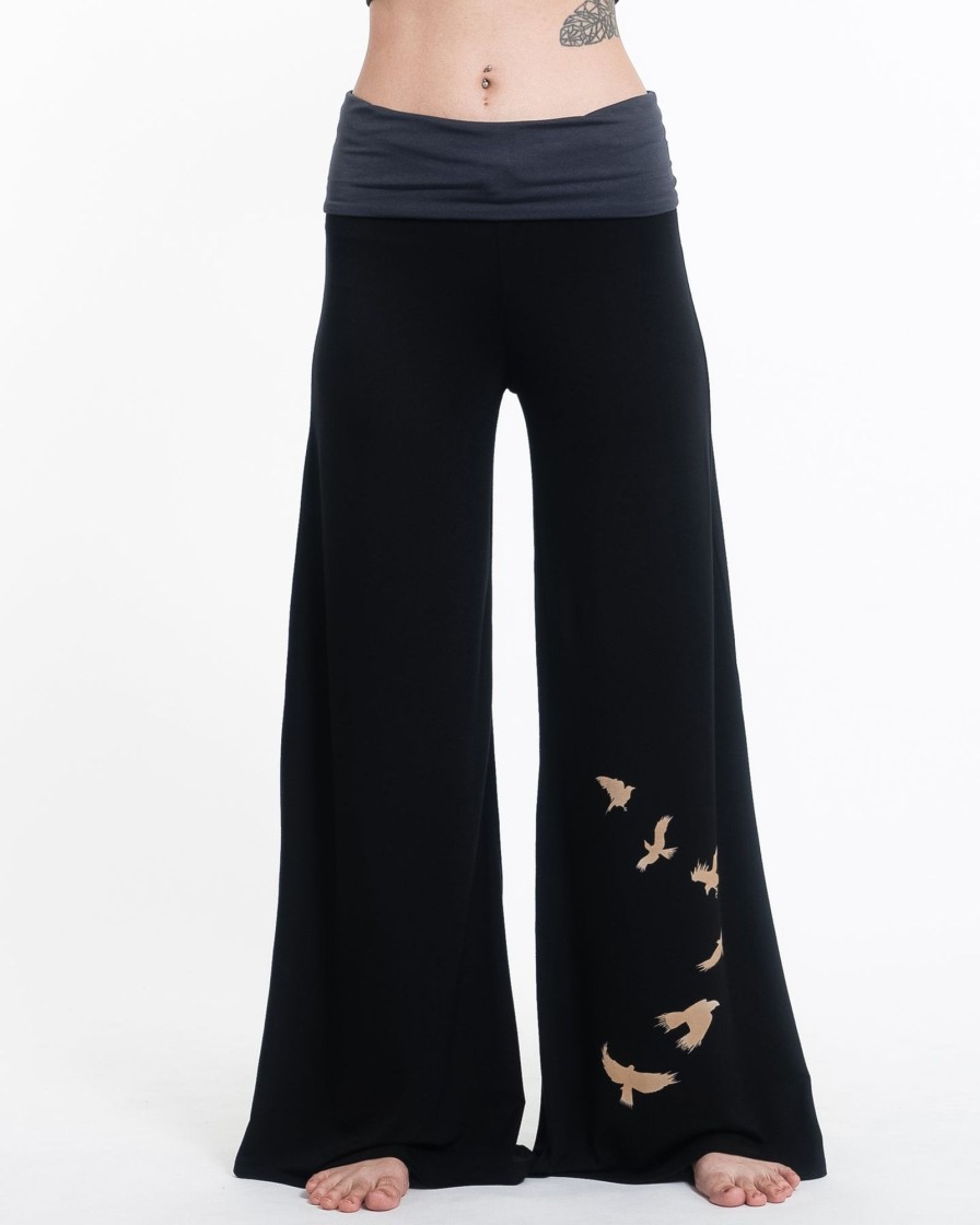 Women HaremPants | Birds Print Wide Leg Palazzo Harem Pants Cotton Spandex In Black