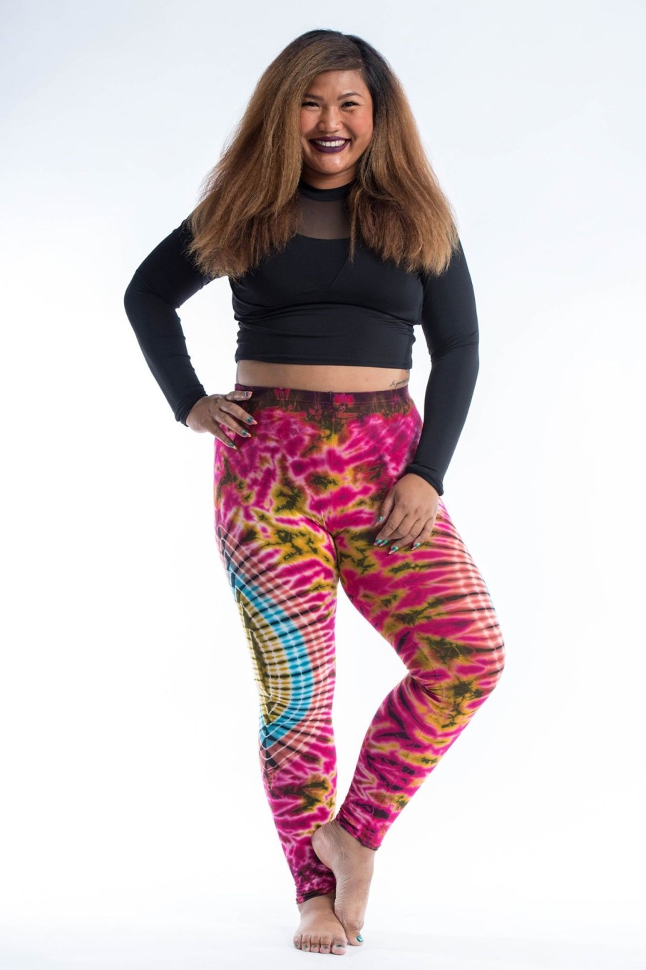 Women HaremPants | Plus Size Oval Swirls Tie Dye Cotton Leggings In Pink Rainbow