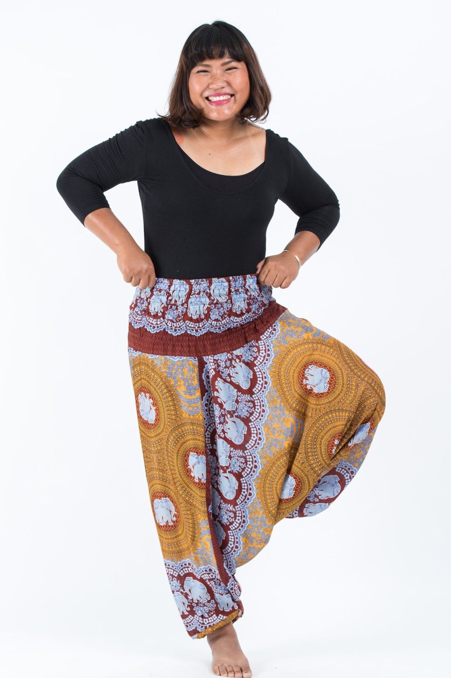 Women HaremPants | Plus Size Mandala Elephant 2-In-1 Jumpsuit Elephant Pants In Bronze