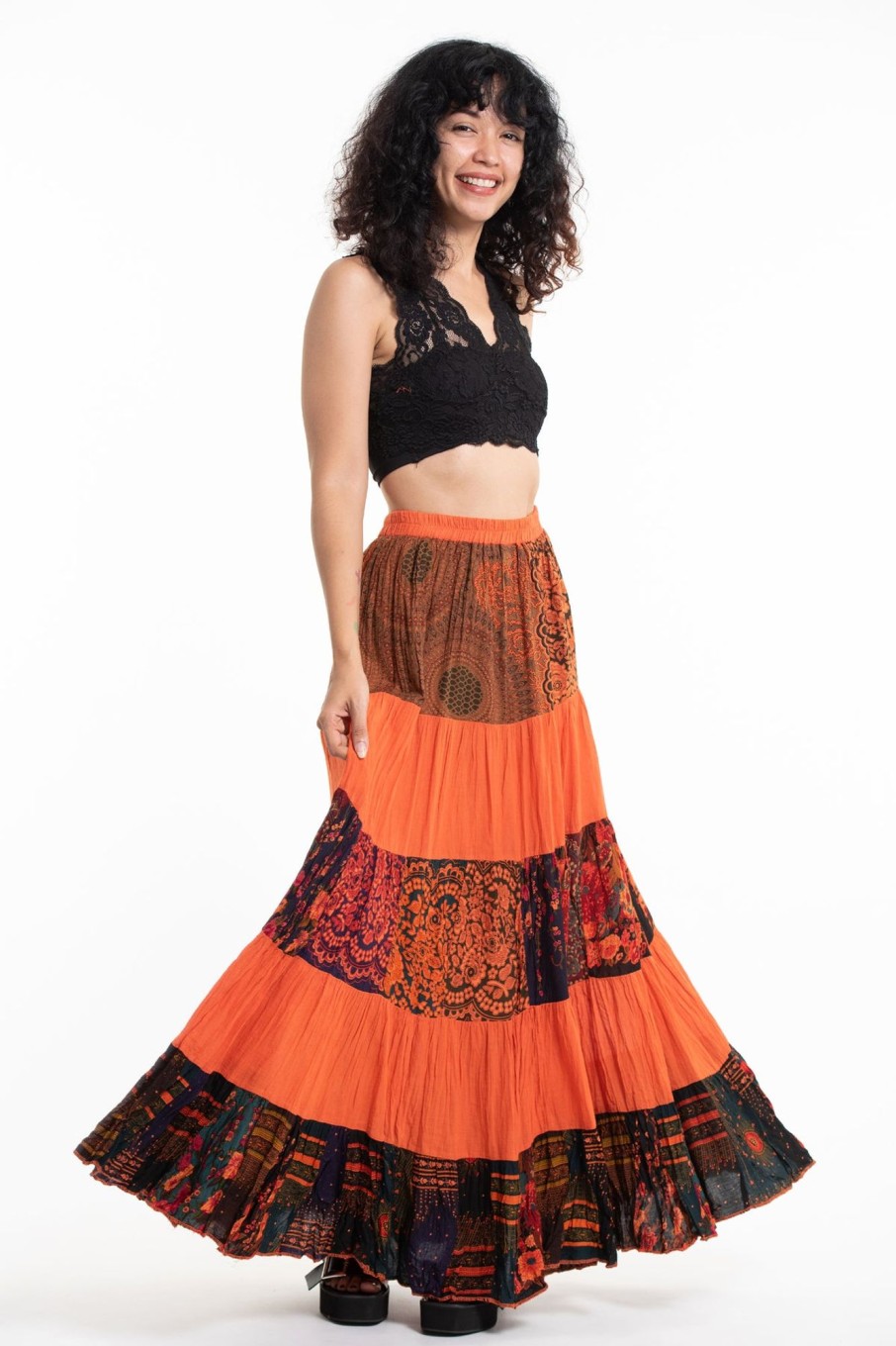 Women HaremPants | Patchwork Long Skirt In Bright Orange