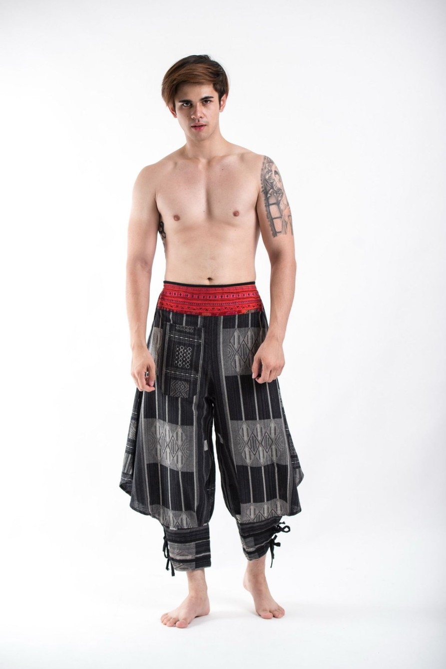 Men HaremPants | Thai Hill Tribe Fabric Men'S Harem Pants With Ankle Straps In Charcoal Gray