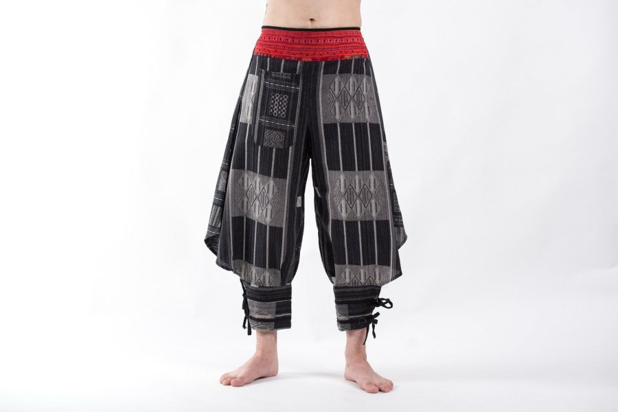 Men HaremPants | Thai Hill Tribe Fabric Men'S Harem Pants With Ankle Straps In Charcoal Gray