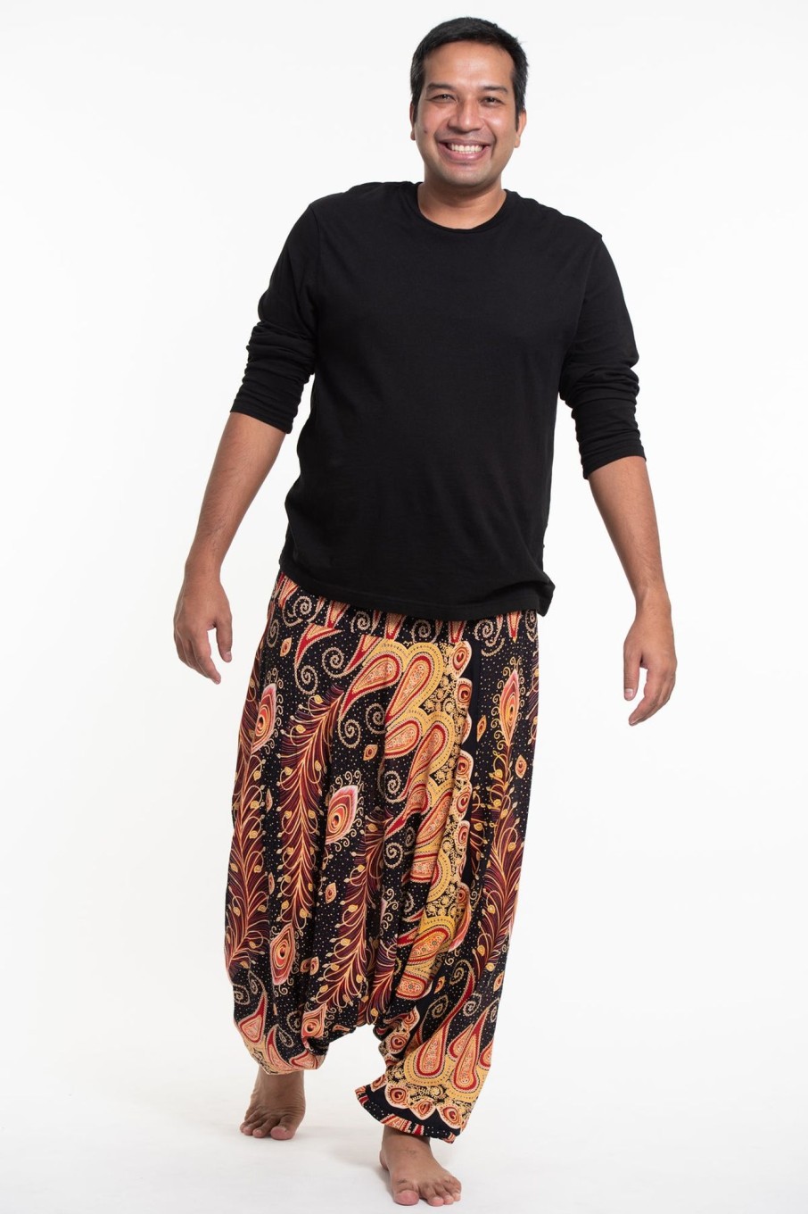 Men HaremPants | Plus Size Peacock Paisley Drop Crotch Men'S Harem Pants In Black