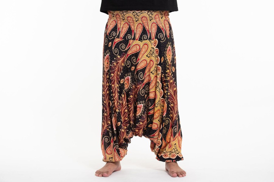 Men HaremPants | Plus Size Peacock Paisley Drop Crotch Men'S Harem Pants In Black