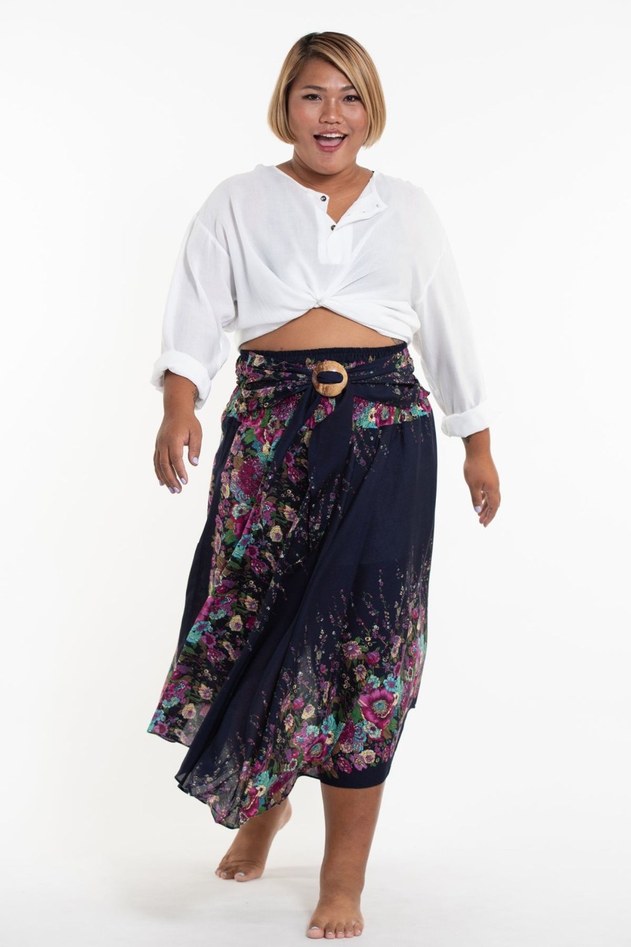 Plus Size HaremPants | Plus Size Floral Handkerchief Midi Skirt In Blue