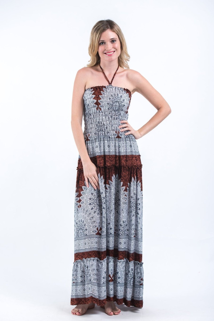 Women HaremPants | Marble Mandalas Smocked Bandeau Maxi Dress In Brown