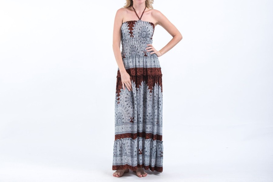 Women HaremPants | Marble Mandalas Smocked Bandeau Maxi Dress In Brown