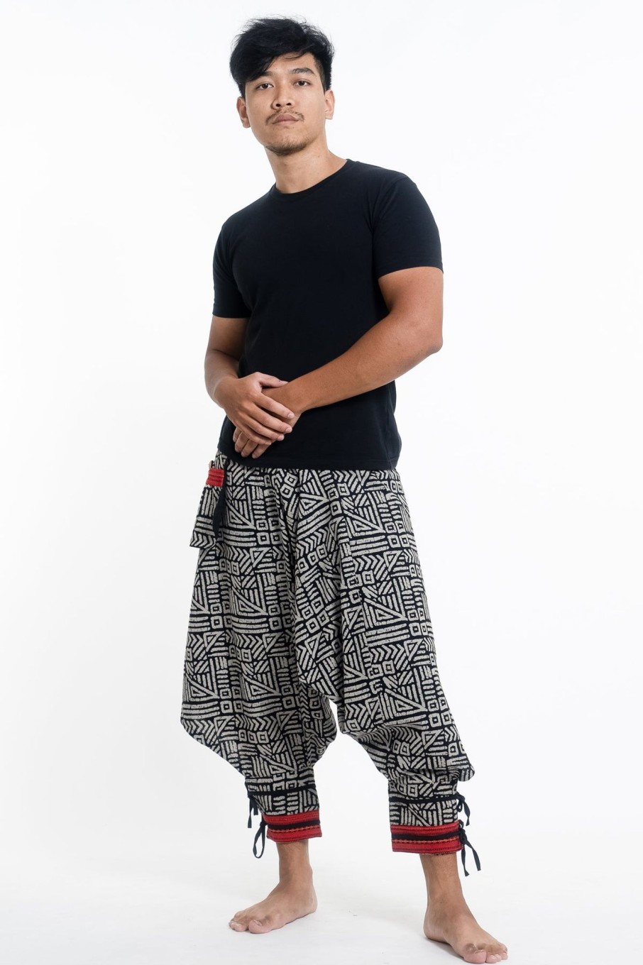 Men HaremPants | Woven Prints Thai Hill Tribe Fabric Men'S Harem Pants With Ankle Straps In Black