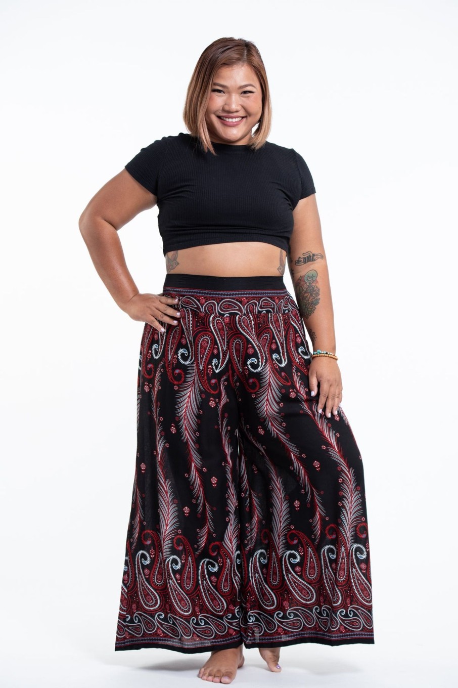 Plus Size HaremPants | Plus Size Paisley Feathers Palazzo Style Harem Pants In Black