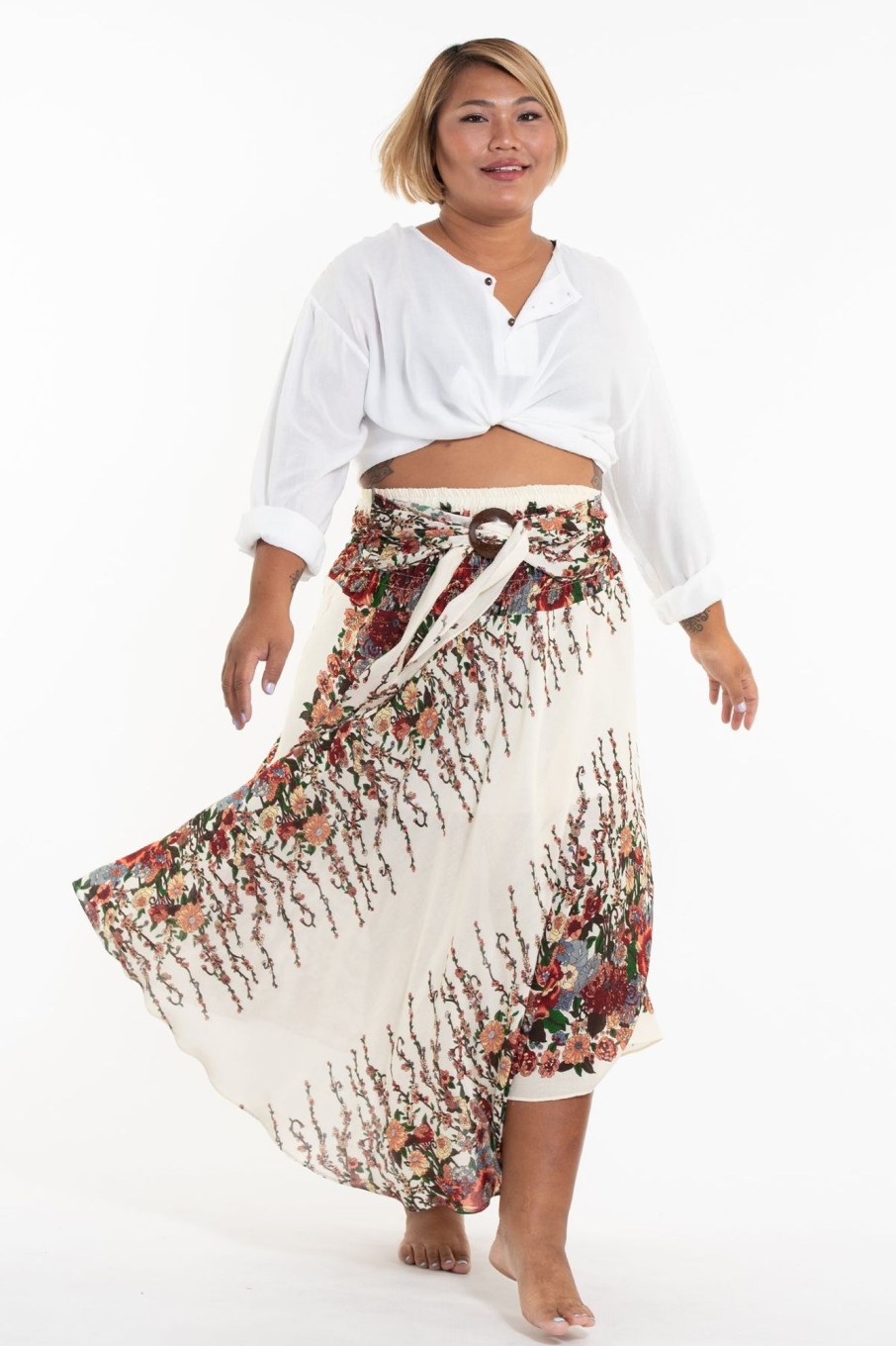 Plus Size HaremPants | Plus Size Floral Handkerchief Midi Skirt In Cream