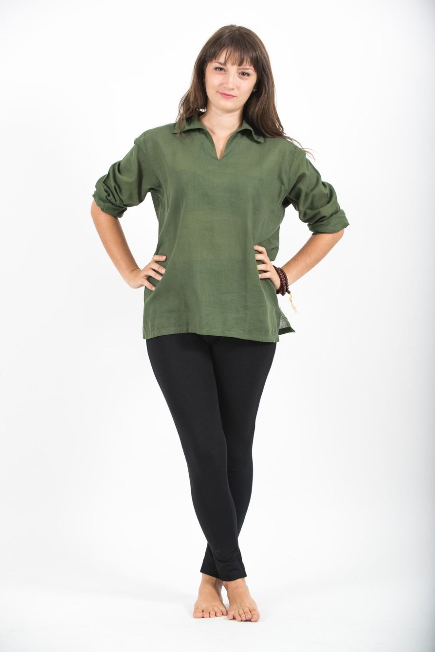 Women HaremPants | Womens Yoga Shirts Collar V Neck In Olive