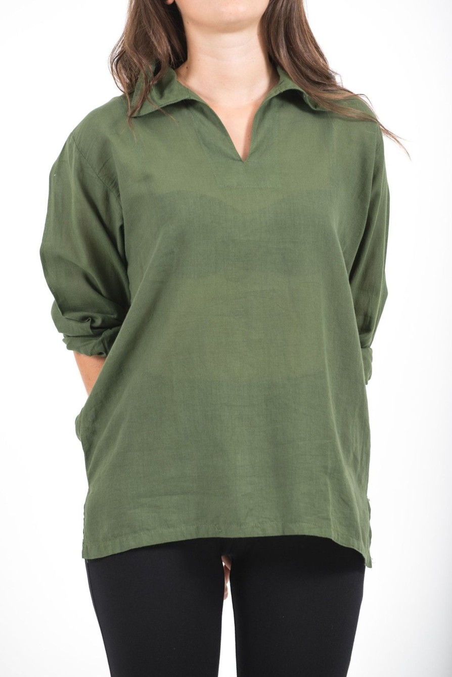 Women HaremPants | Womens Yoga Shirts Collar V Neck In Olive