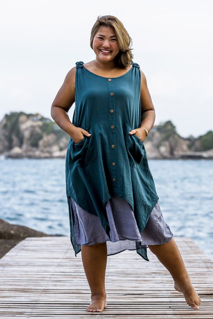 Plus Size HaremPants | Plus Size Women'S Crinkled Hill Tribe Cotton Tank Dress In Teal