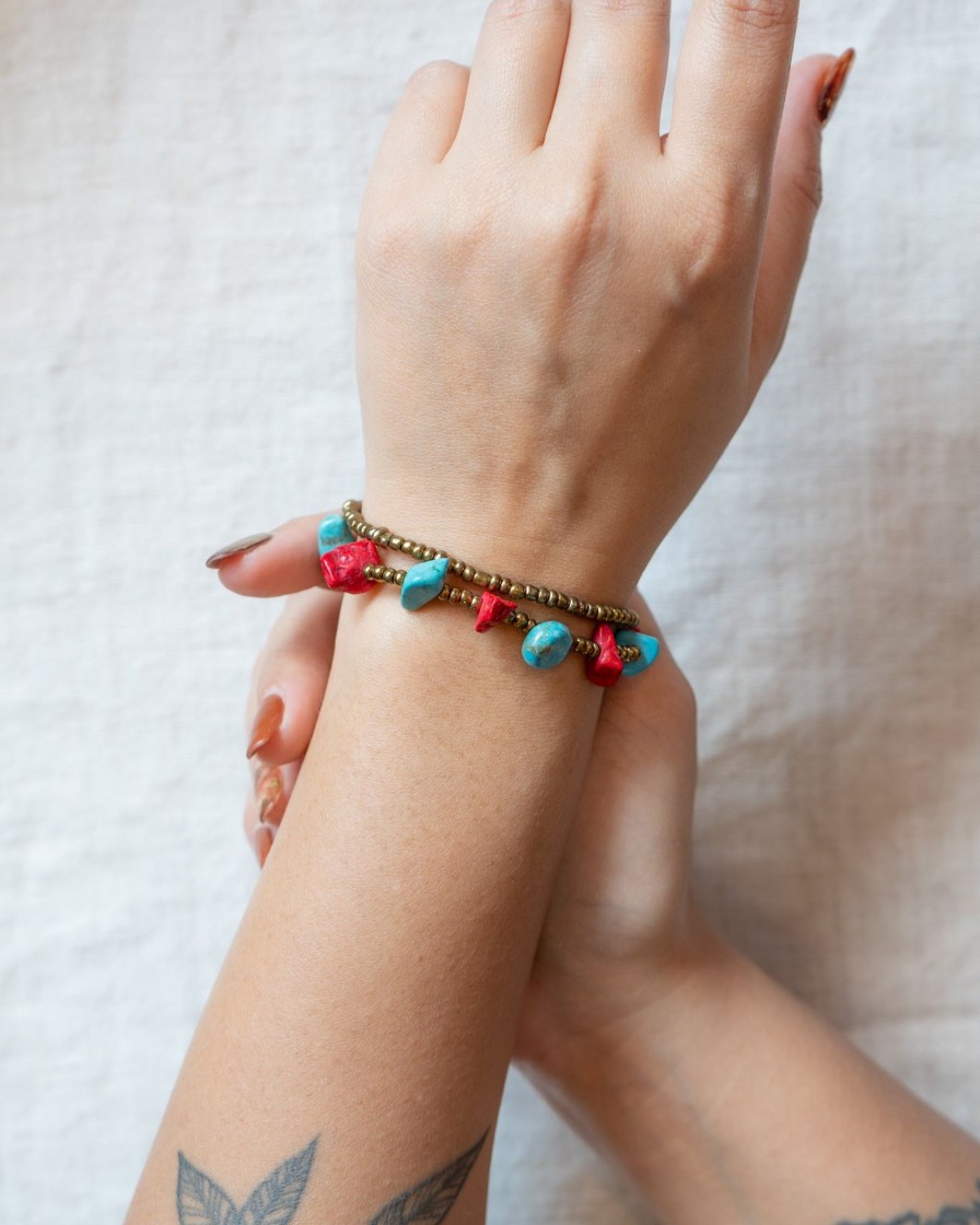 Accessories HaremPants | Brass Bead And Red/Turquoise Stone Double Strand Bracelets Multi