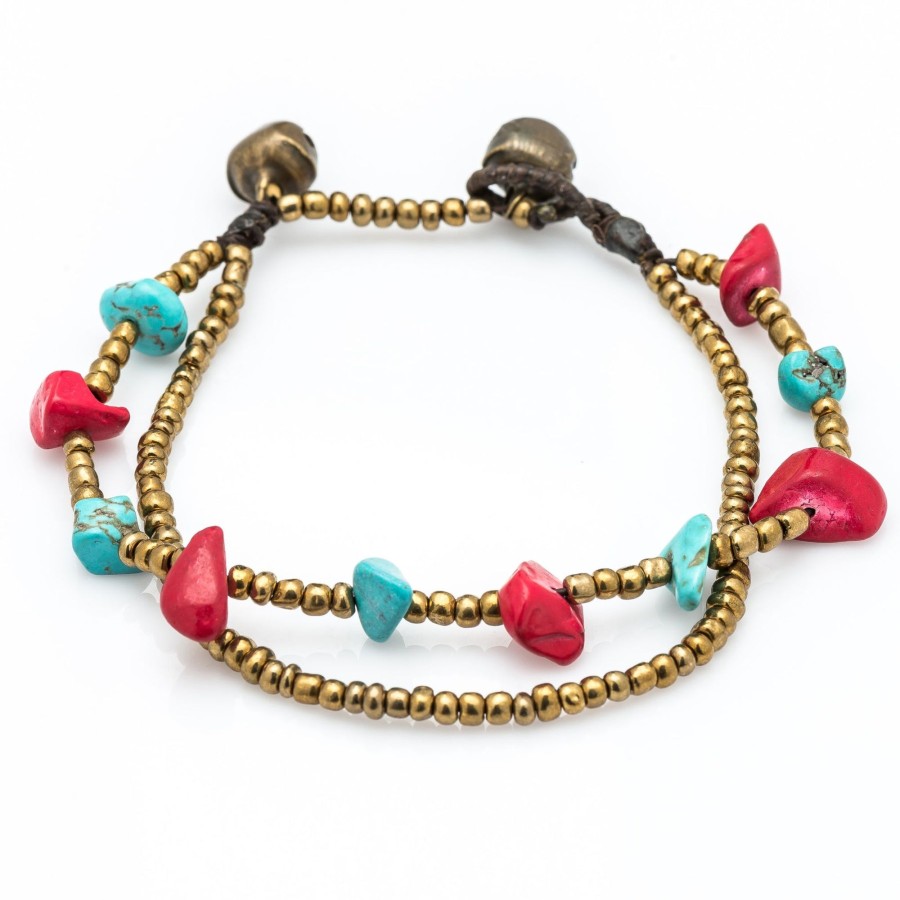 Accessories HaremPants | Brass Bead And Red/Turquoise Stone Double Strand Bracelets Multi