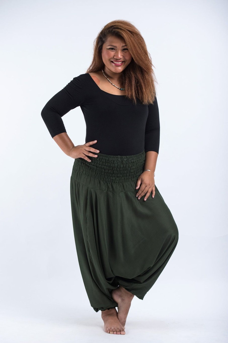 Women HaremPants | Plus Size Solid Color 2-In-1 Jumpsuit Harem Pants In Dark Green