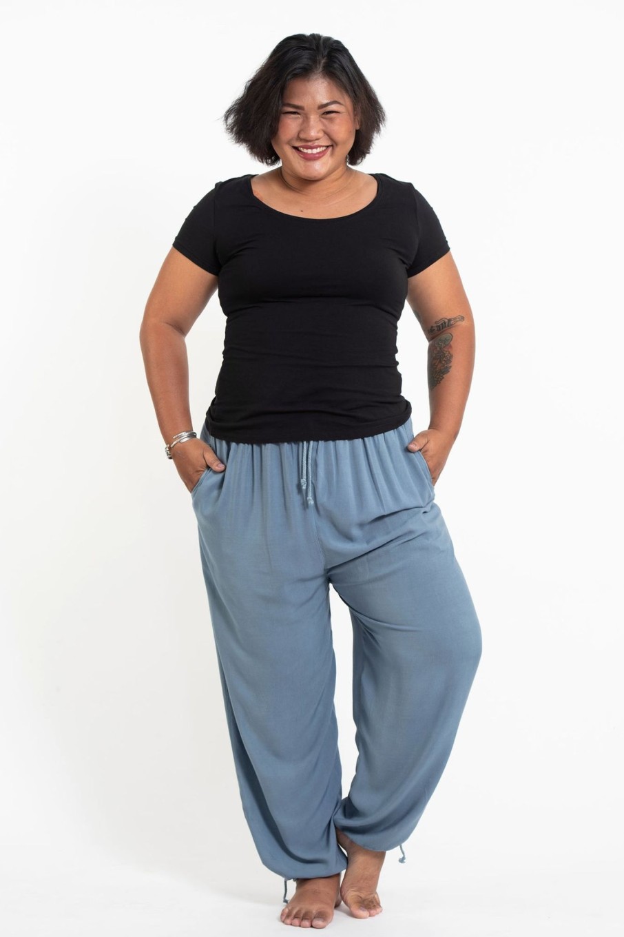 Plus Size HaremPants | Plus Size Solid Color Drawstring Women'S Yoga Massage Pants In Blue Gray