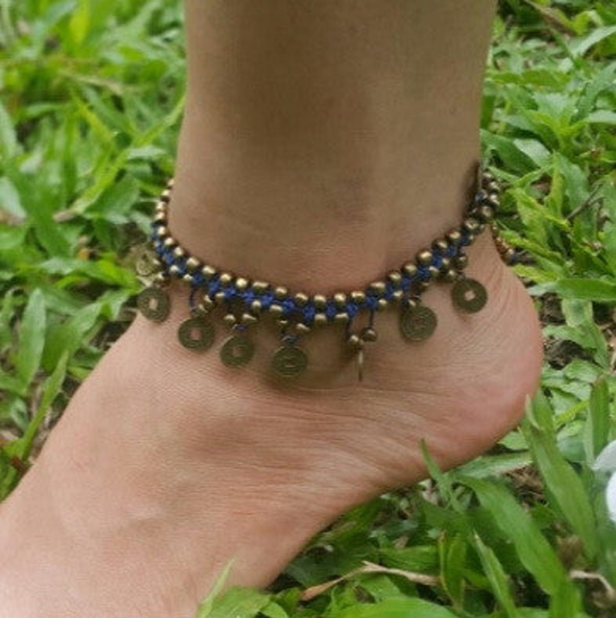 Accessories HaremPants | Hand Made Fair Trade Anklet Double Strand Brass Coins Blue