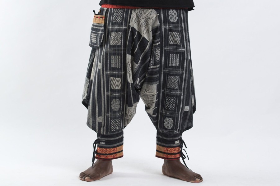 Plus Size HaremPants | Plus Size Thai Hill Tribe Fabric Men Harem Pants With Ankle Straps In Black